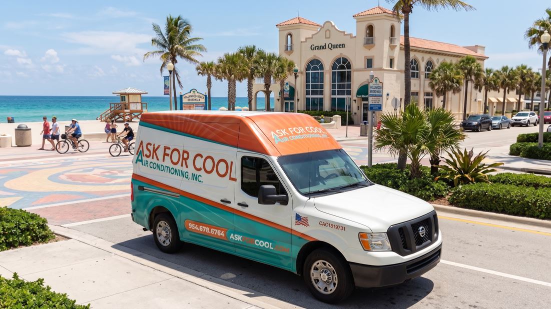 Ask For Cool AC repair van parked along the Hollywood Beach Broadwalk, FL