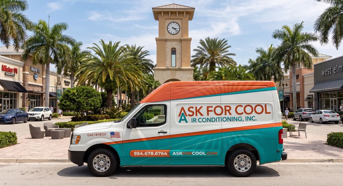 Ask For Cool Air Conditioning service van parked in front of the iconic clock tower at Plantation Walk in Plantation, FL.